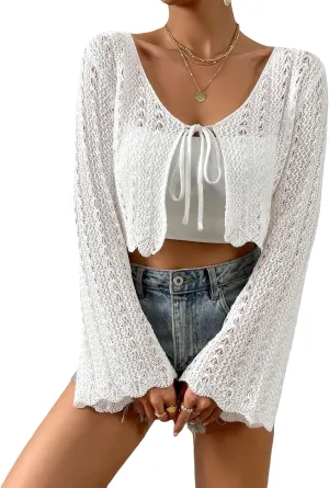 Verdusa Women's Tie Front Bell Long Sleeve Scalloped Crop Cardigan Knit Top