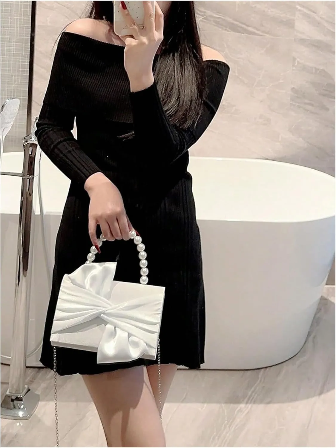 Verdusa Women's Twist Satin Evening Handbags Pearl Top Handle Bags Party Clutches