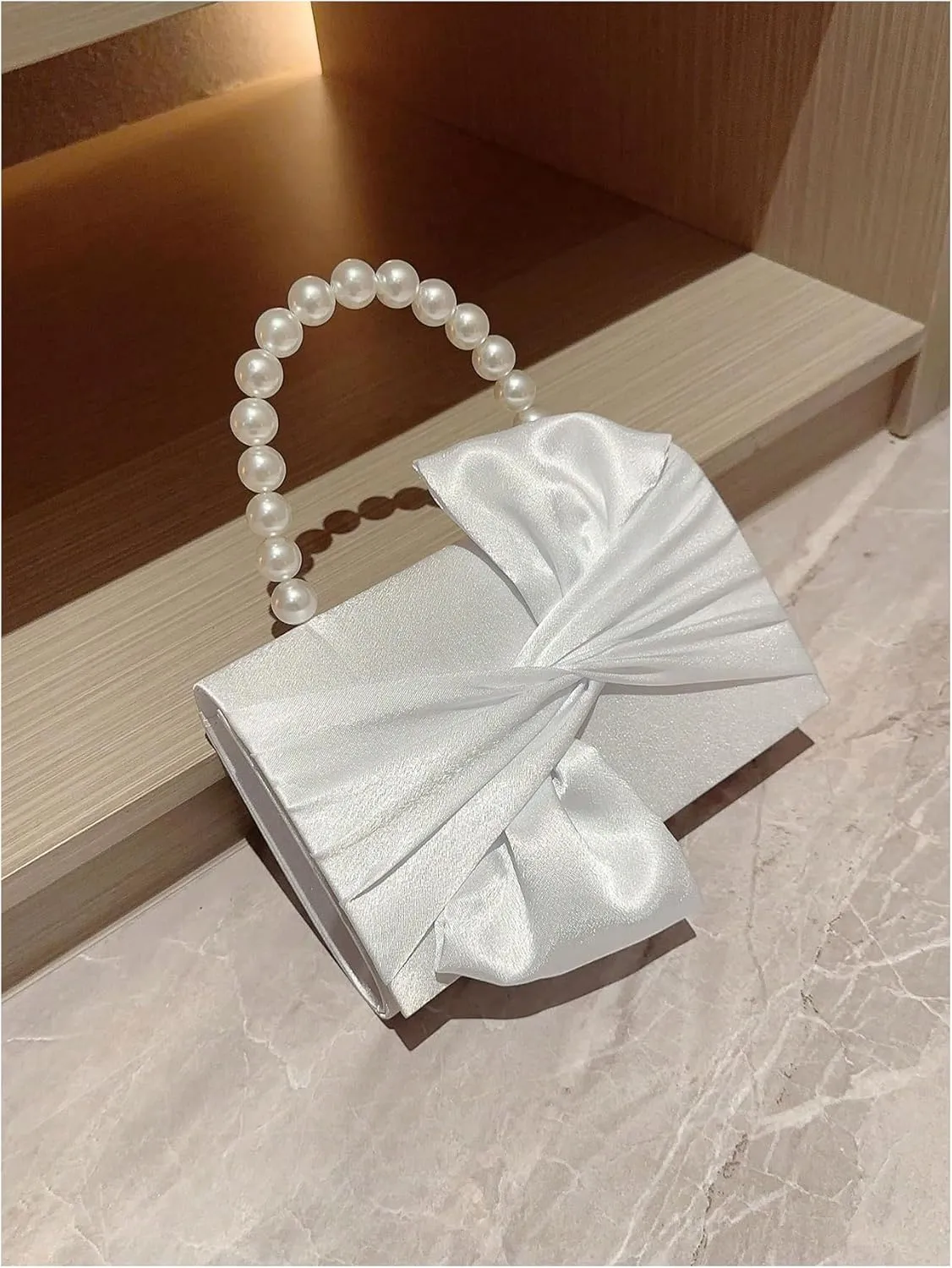 Verdusa Women's Twist Satin Evening Handbags Pearl Top Handle Bags Party Clutches