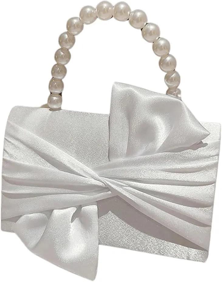 Verdusa Women's Twist Satin Evening Handbags Pearl Top Handle Bags Party Clutches