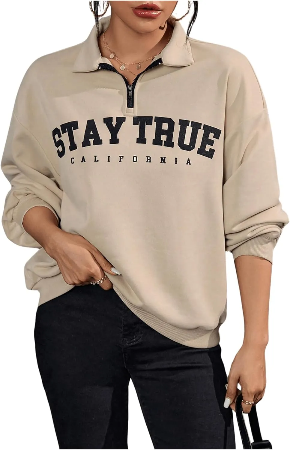 Verdusa Women's Zipper Sweatshirt Letter Graphic Drop Shoulder Long Sleeve Pullover Top