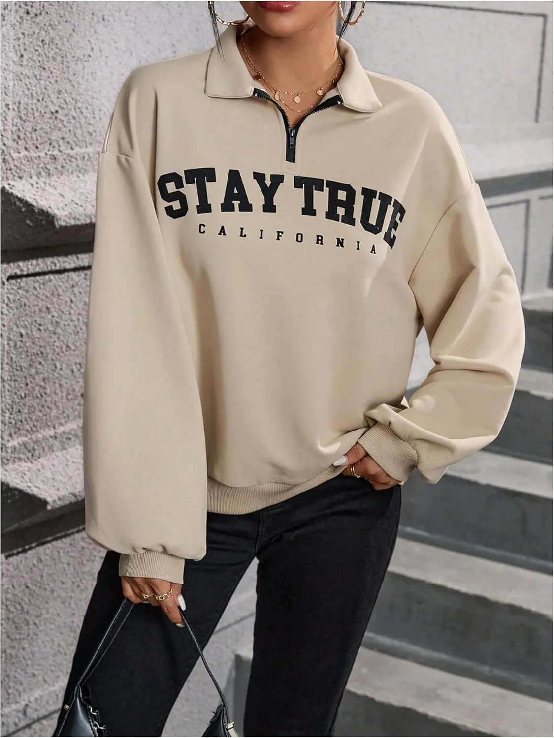 Verdusa Women's Zipper Sweatshirt Letter Graphic Drop Shoulder Long Sleeve Pullover Top