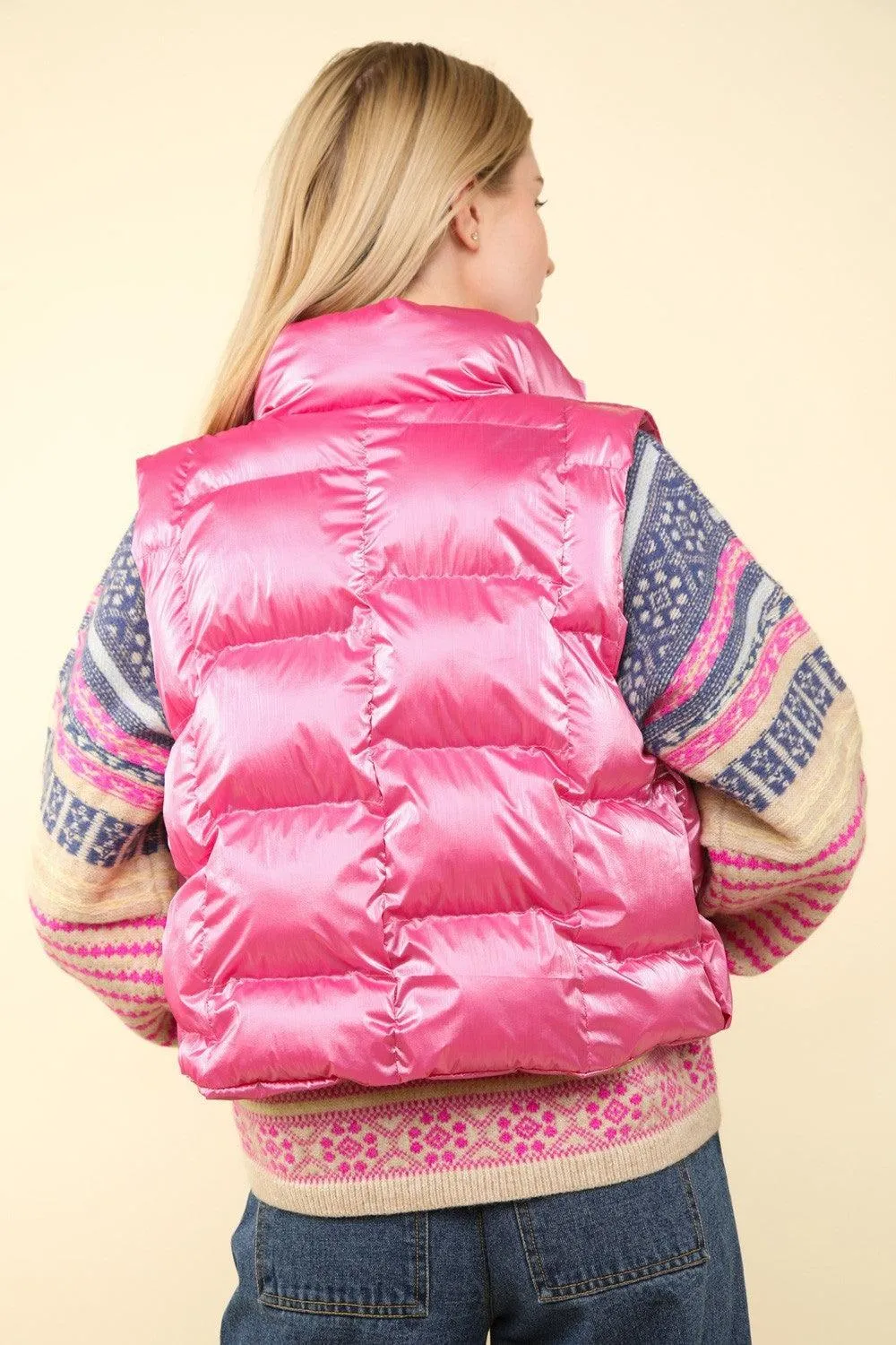 VERY J US Shiny Vest Metallic Zip Up Puffer Sleeveless Outwear