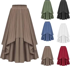 Vintage Ankle-Length Skirts for Women Pleated Tiered Long Skirts High Waisted Asymmetrical Ruffle A Line Maxi Skirt
