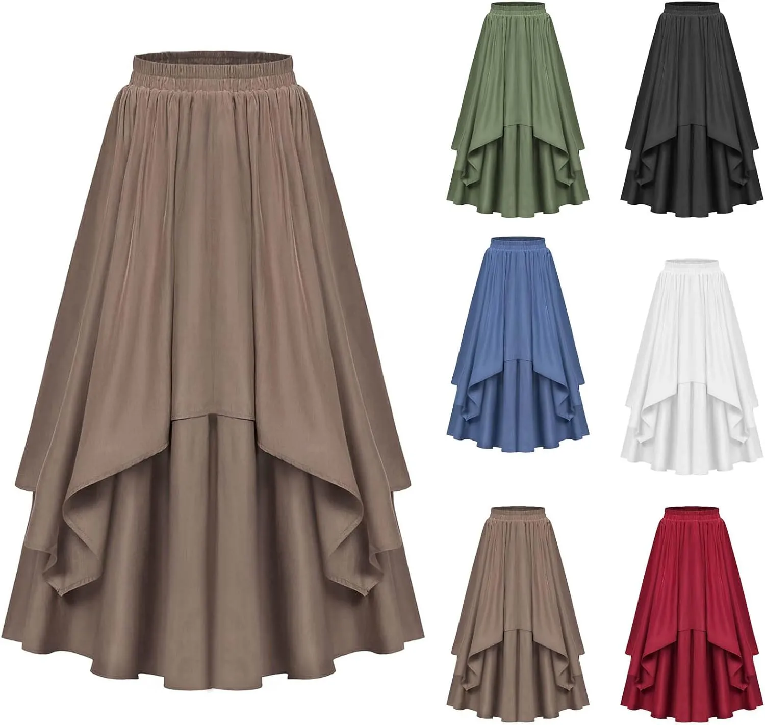 Vintage Ankle-Length Skirts for Women Pleated Tiered Long Skirts High Waisted Asymmetrical Ruffle A Line Maxi Skirt