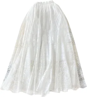 Vintage Mesh Midi Skirts for Women Fashion Embroidery High Waist A-Line Skirts Casual Pleated Flowy Half Skirts