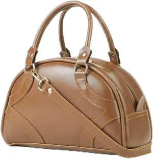 Vintage Style Bowler Handbag, Faux Leather Satchel Purse with Top Handle, Brown