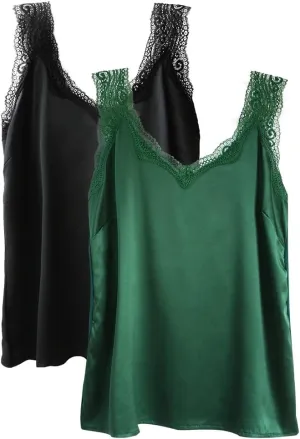 Wantschun Womens Satin Silk Camisole Lace Straps Tank Top Cami V-Neck