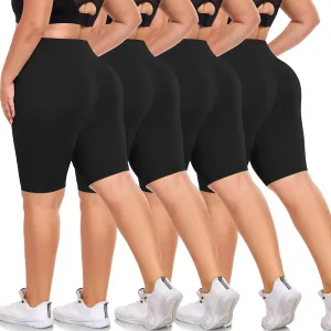 we fleece Women's Plus Size Biker Shorts 8" High Waist Tummy Control 4-Pack, Workout Running Yoga Athletic Shorts