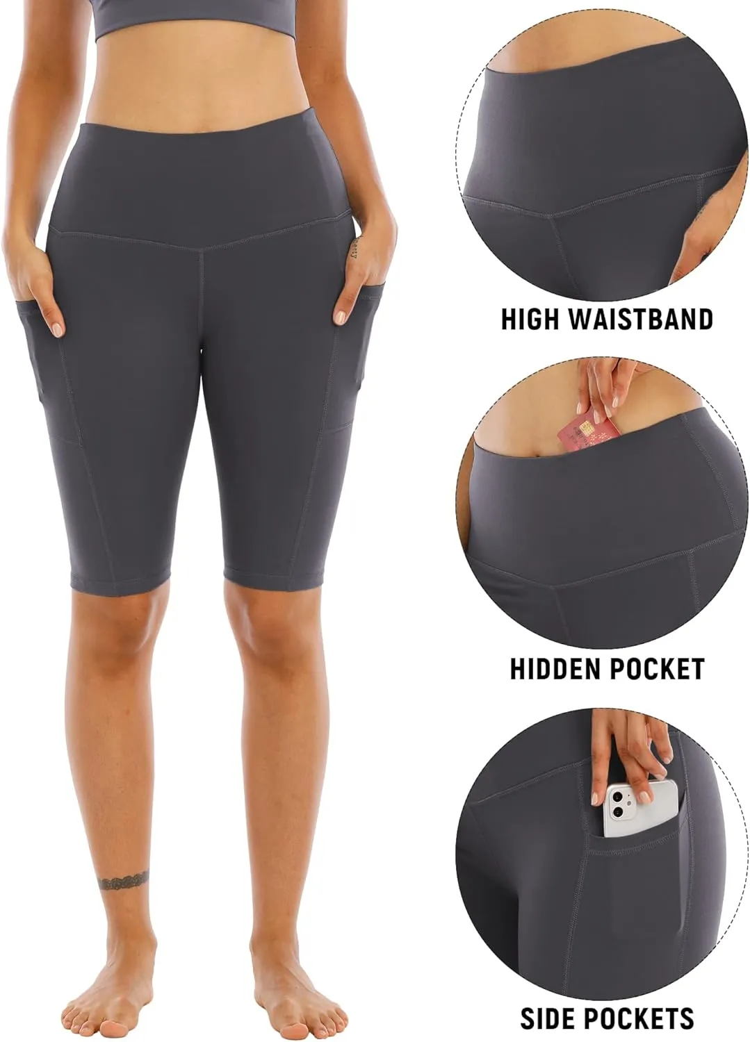 WHOUARE 4 Pack Biker Yoga Shorts with Pockets for Women,High Waisted Athletic Running Workout Gym Shorts Tummy Control