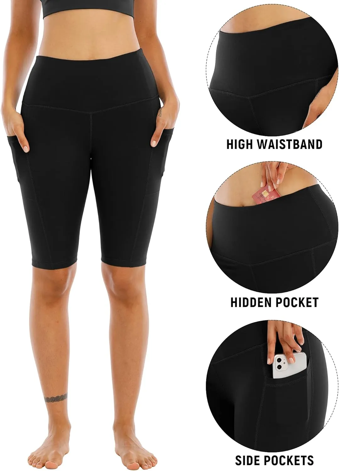 WHOUARE 4 Pack Biker Yoga Shorts with Pockets for Women,High Waisted Athletic Running Workout Gym Shorts Tummy Control
