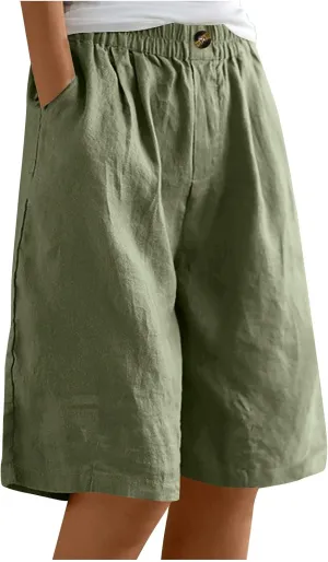 Wide Leg Linen Shorts for Women Knee Length Bermuda Shorts Summer Casual Loose Elastic Waist Beach Pants with Pocket