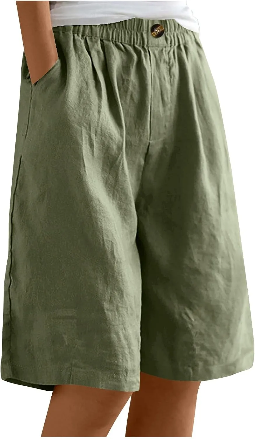 Wide Leg Linen Shorts for Women Knee Length Bermuda Shorts Summer Casual Loose Elastic Waist Beach Pants with Pocket