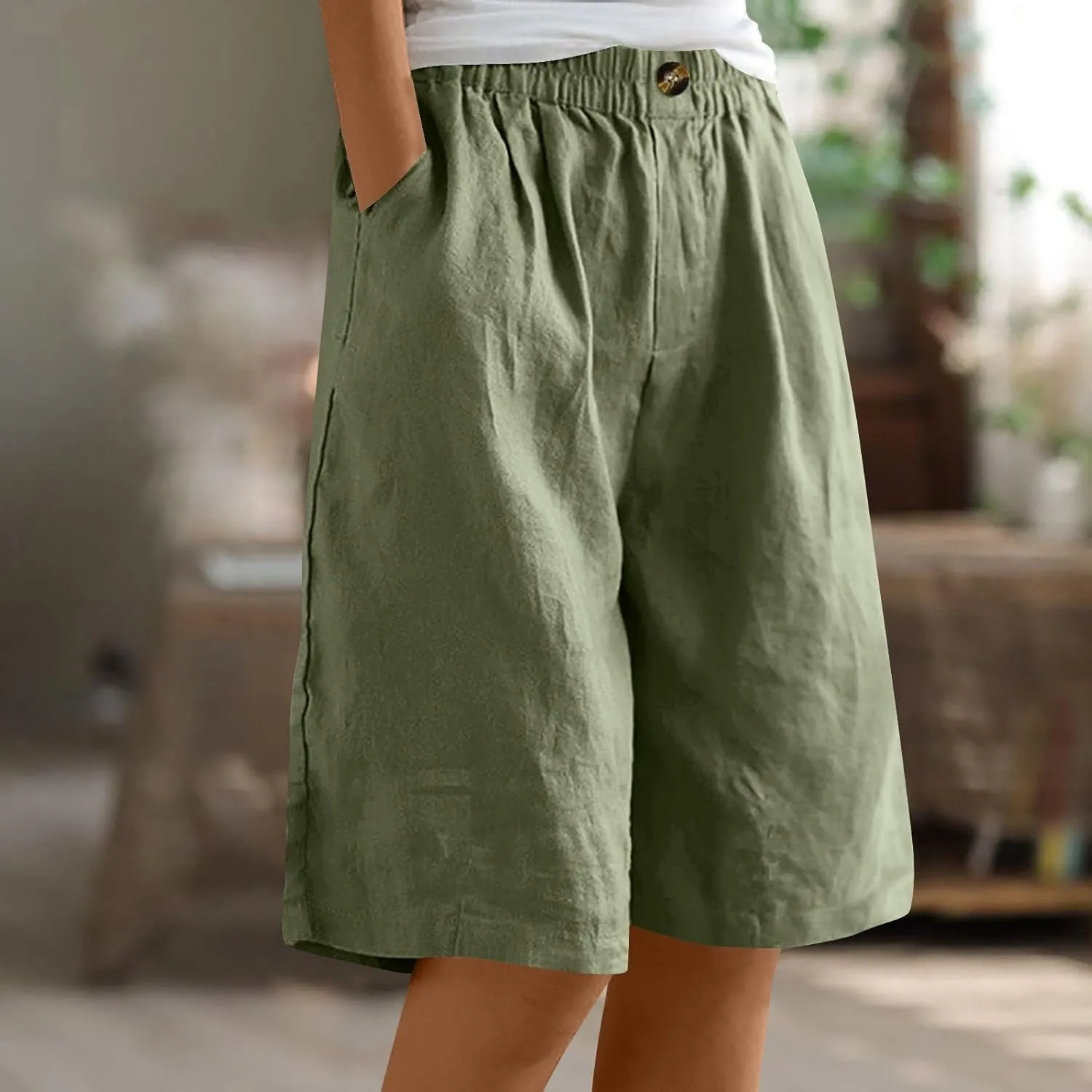 Wide Leg Linen Shorts for Women Knee Length Bermuda Shorts Summer Casual Loose Elastic Waist Beach Pants with Pocket