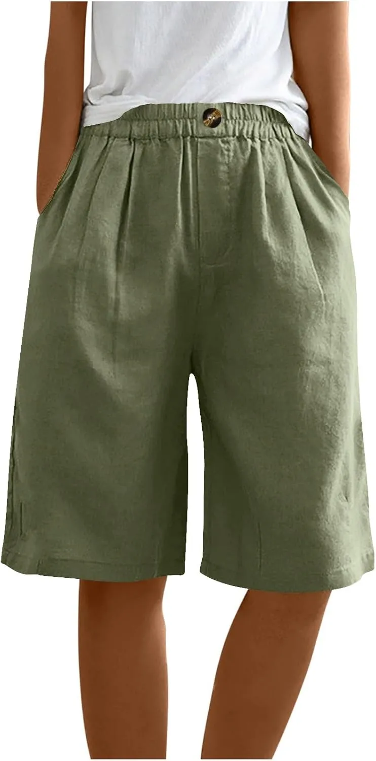 Wide Leg Linen Shorts for Women Knee Length Bermuda Shorts Summer Casual Loose Elastic Waist Beach Pants with Pocket
