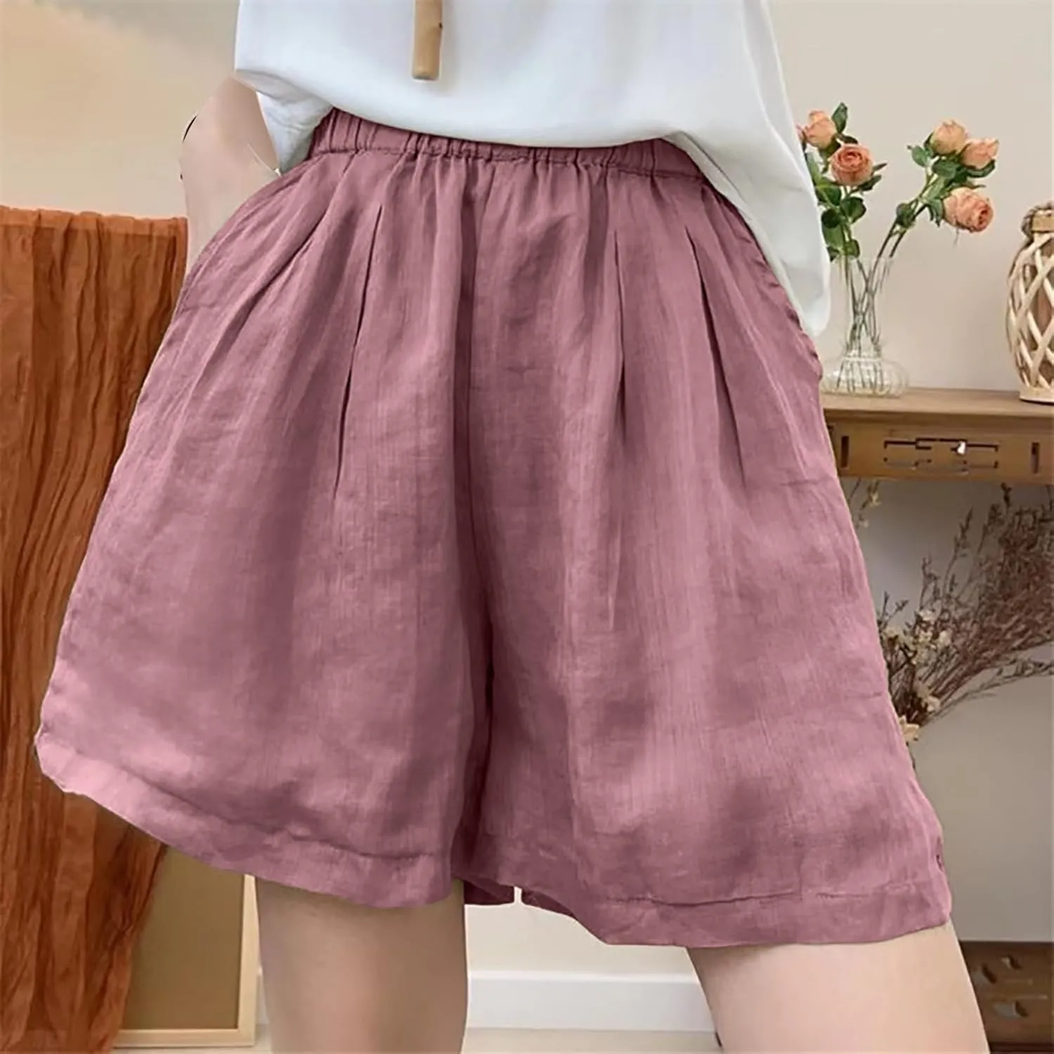 Wkishenl Linen Shorts for Women Casual High Waisted Flowy Dressy Fashion Wide Leg Bermuda Shorts Summer Beach Vacation Outfit