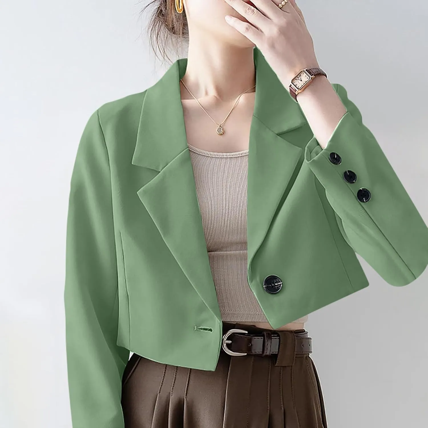Wkishenl Women Cropped Blazers Fashion Business Long Sleeve Jackets Casual Nocth Lapel Open Front Blazer Solid Work Suits