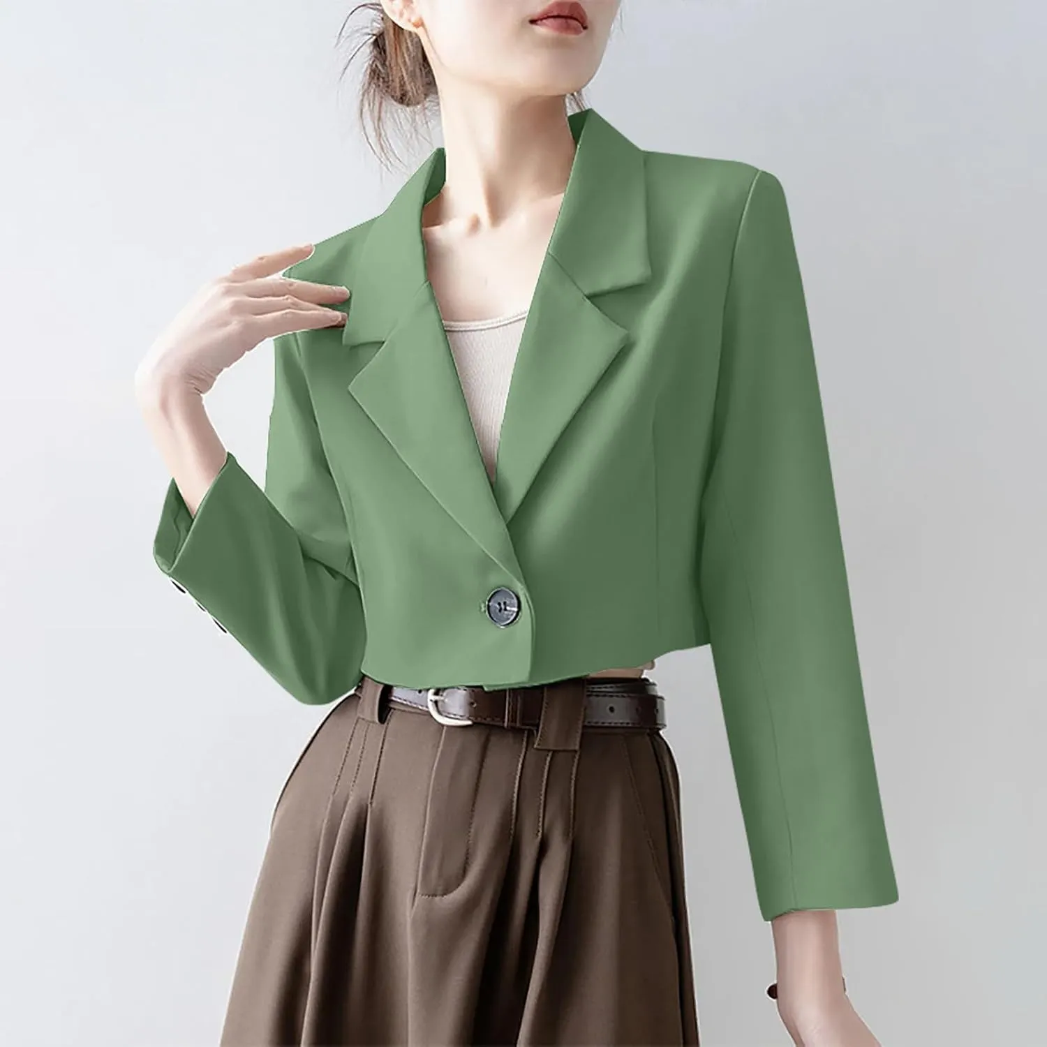 Wkishenl Women Cropped Blazers Fashion Business Long Sleeve Jackets Casual Nocth Lapel Open Front Blazer Solid Work Suits