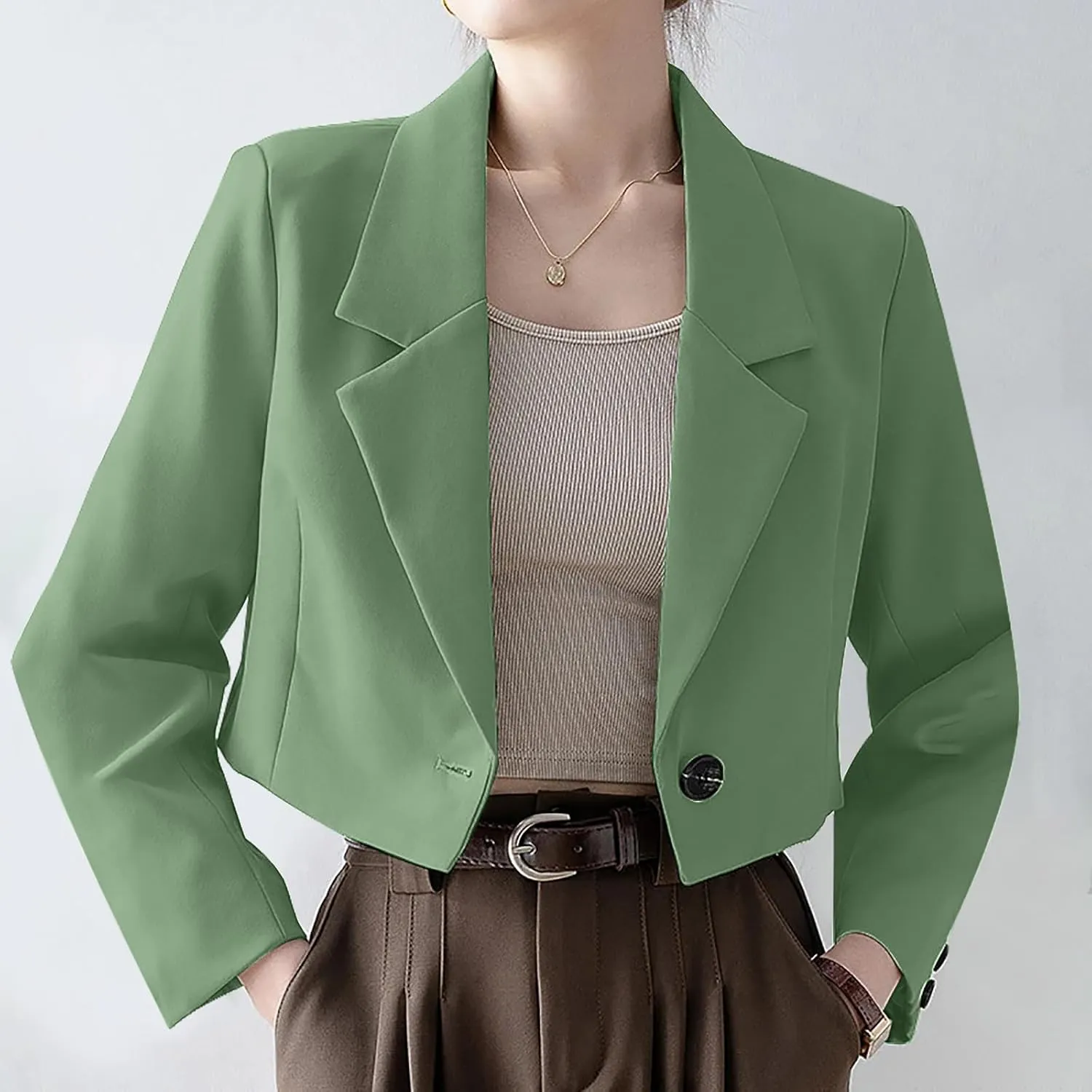 Wkishenl Women Cropped Blazers Fashion Business Long Sleeve Jackets Casual Nocth Lapel Open Front Blazer Solid Work Suits
