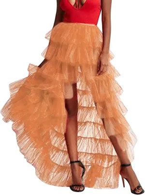 Woman's Cake High Waist Skirt Pleated Skirt Bubble Skirt Long High Low Ruffles Party Tulle Skirt Plaid Schoolgirl