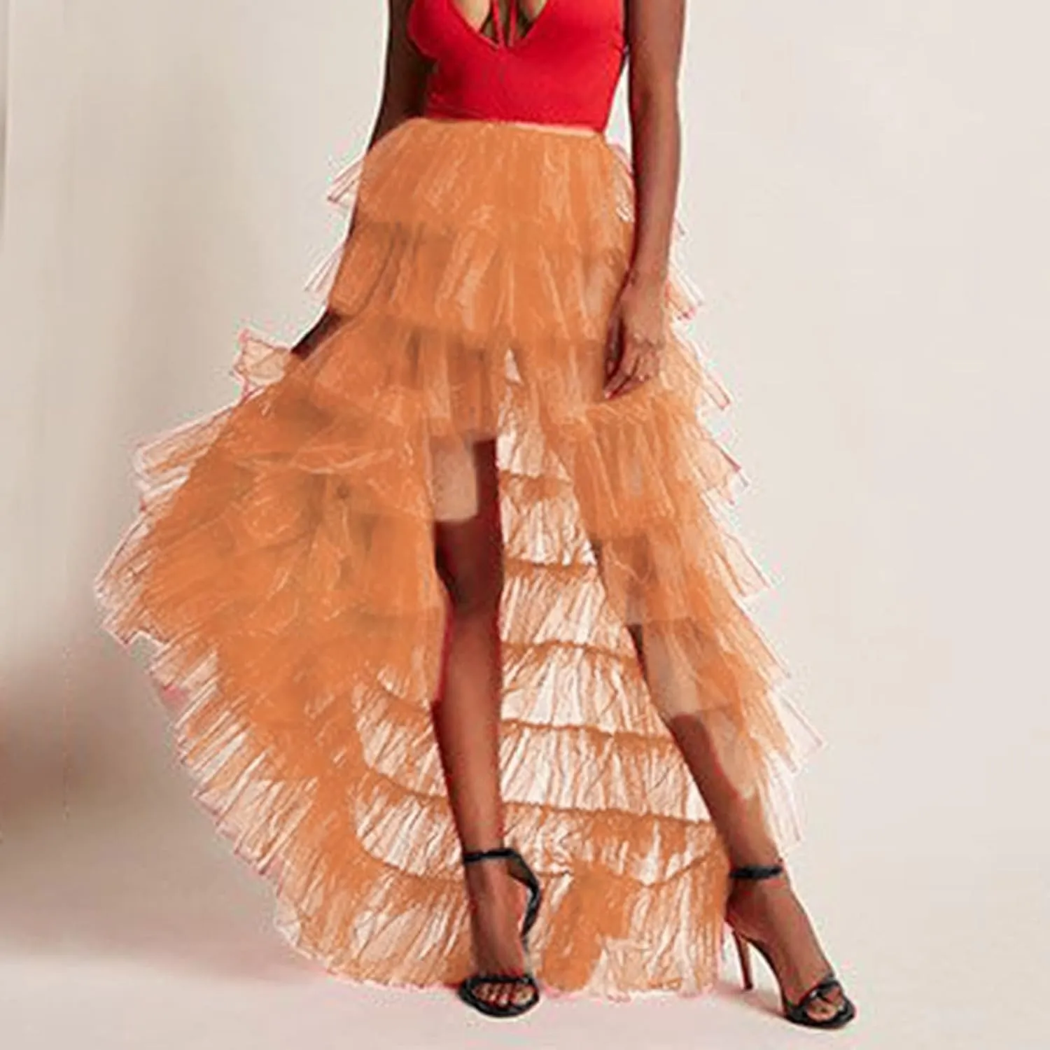 Woman's Cake High Waist Skirt Pleated Skirt Bubble Skirt Long High Low Ruffles Party Tulle Skirt Plaid Schoolgirl