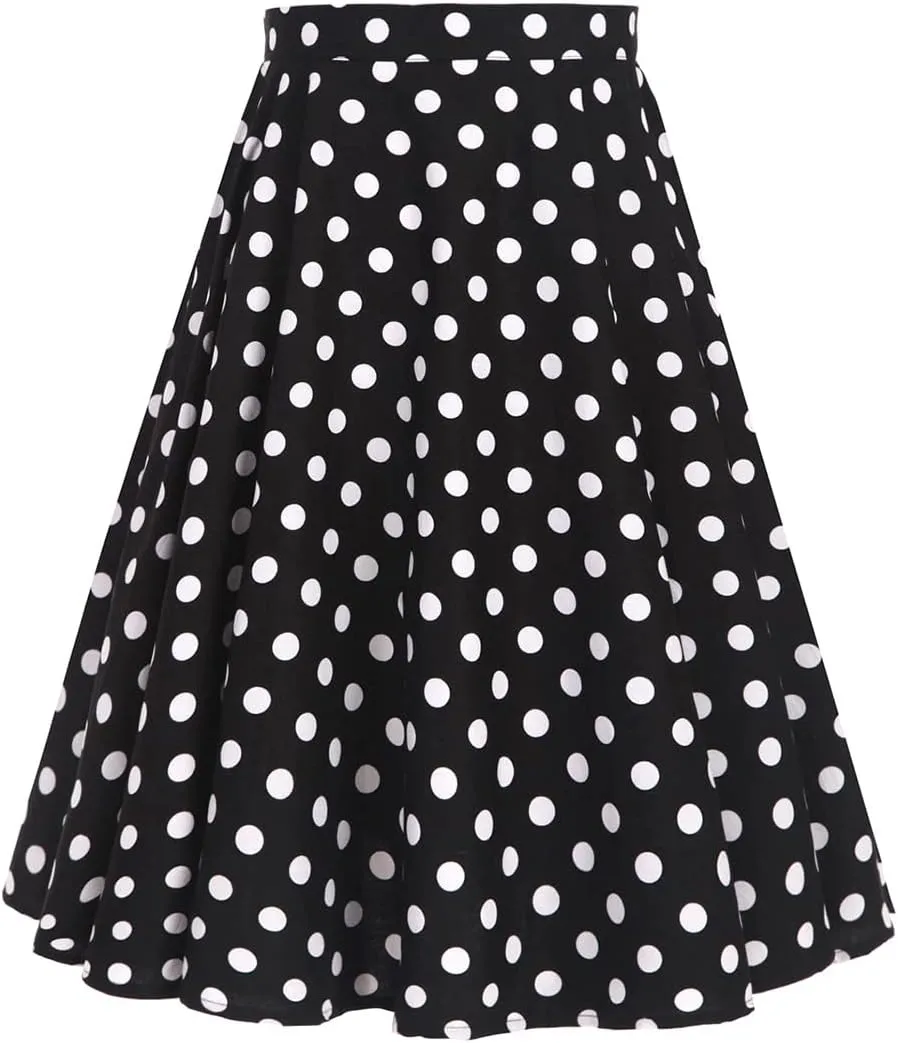 Women 50s Vintage Polka Dot A Line Pleated Midi Skirt Floral Cherry Cocktail Swing Skirt High Waist Knee Length Flared Skirt