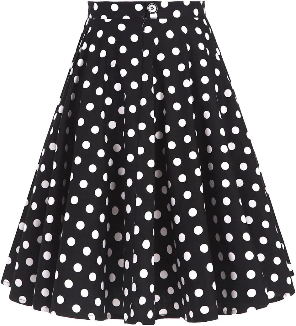 Women 50s Vintage Polka Dot A Line Pleated Midi Skirt Floral Cherry Cocktail Swing Skirt High Waist Knee Length Flared Skirt