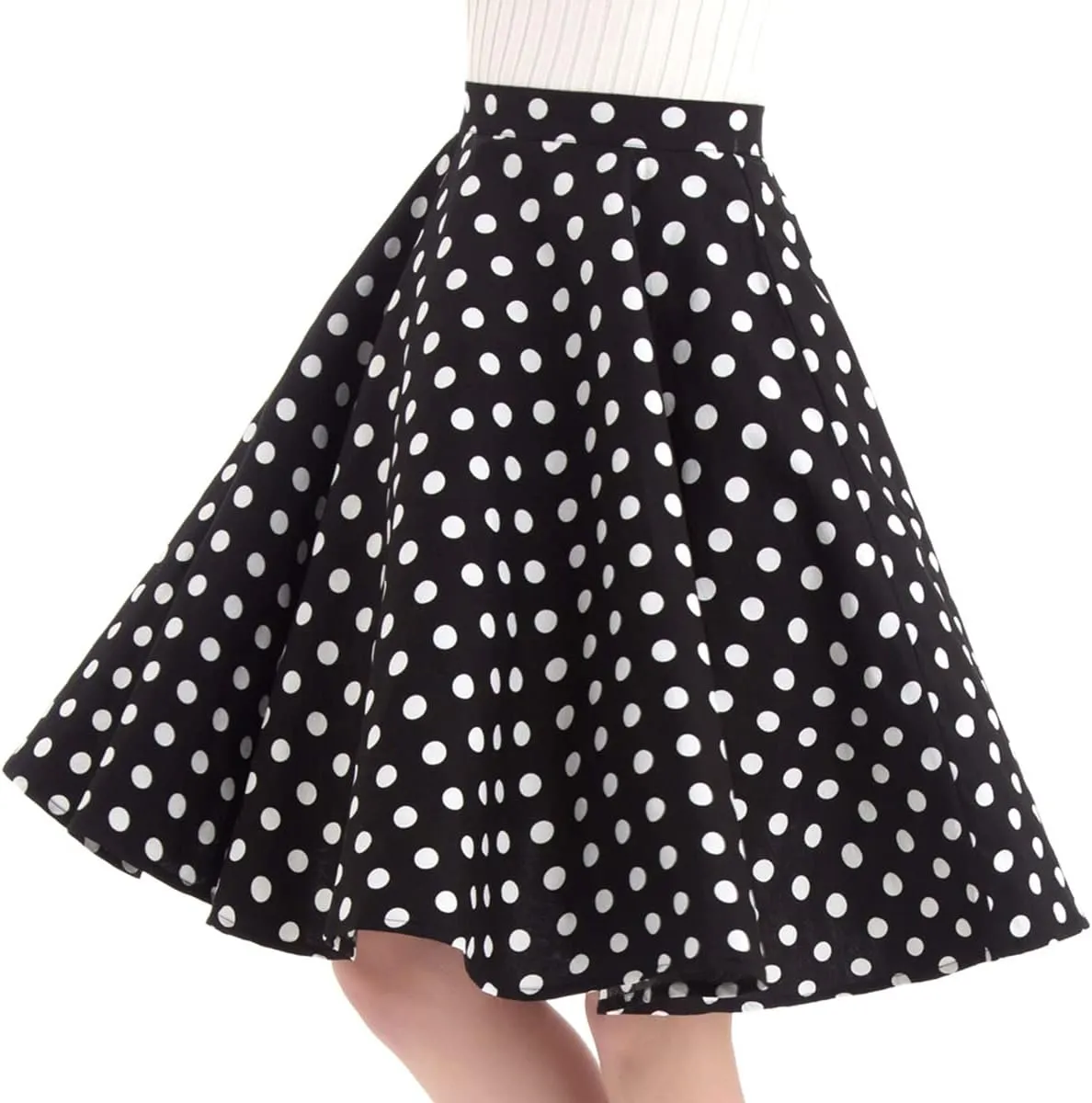 Women 50s Vintage Polka Dot A Line Pleated Midi Skirt Floral Cherry Cocktail Swing Skirt High Waist Knee Length Flared Skirt