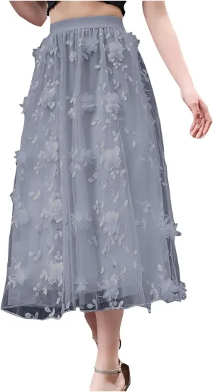 Women A Line Tulle Midi Skirt Tutu Tiered Petticoat Tea-Length Elastic Waist Skirts Flower Applique Fairy Flowy Skirt