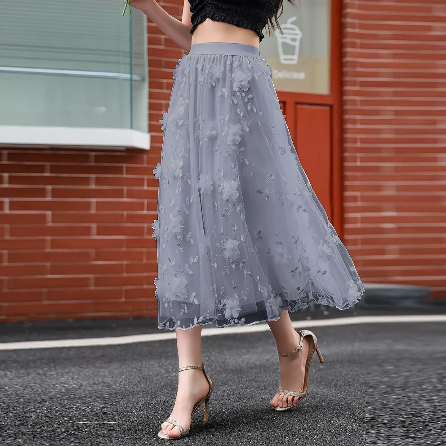 Women A Line Tulle Midi Skirt Tutu Tiered Petticoat Tea-Length Elastic Waist Skirts Flower Applique Fairy Flowy Skirt