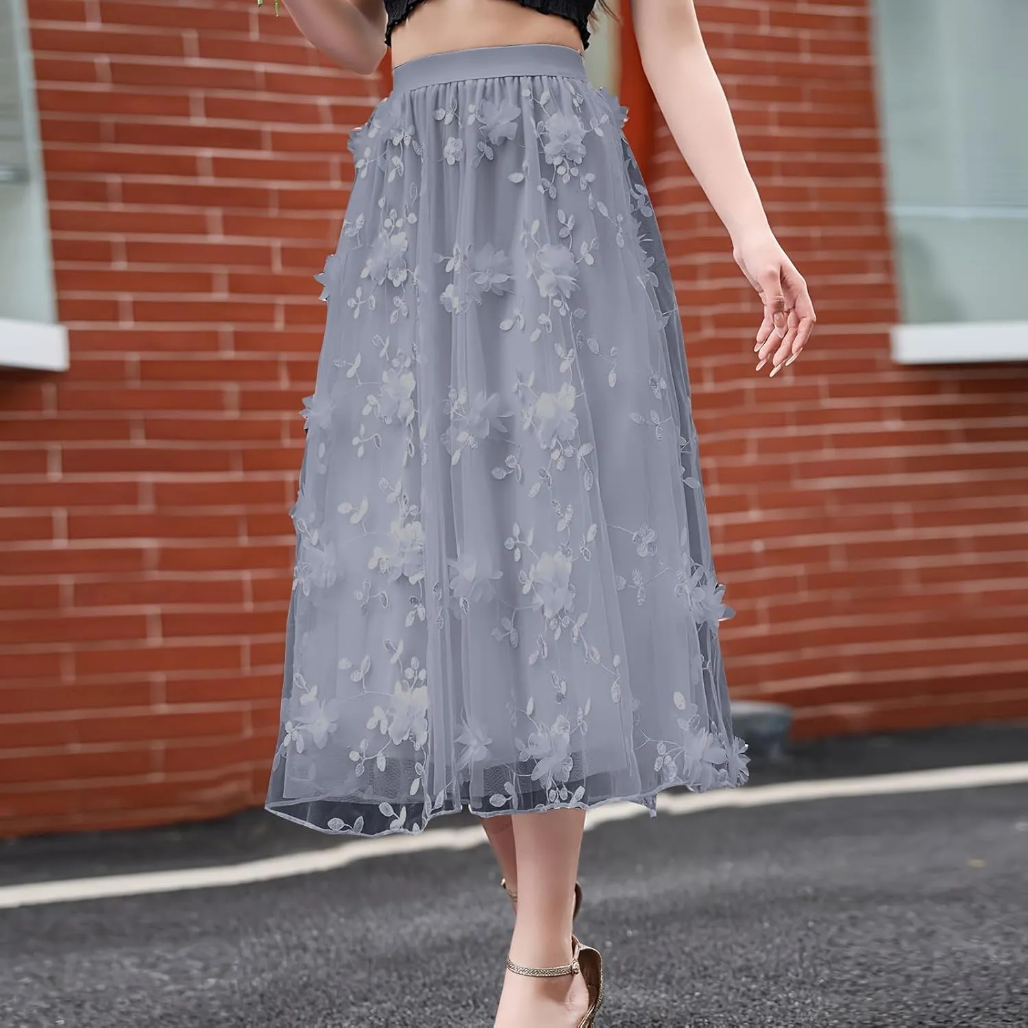 Women A Line Tulle Midi Skirt Tutu Tiered Petticoat Tea-Length Elastic Waist Skirts Flower Applique Fairy Flowy Skirt