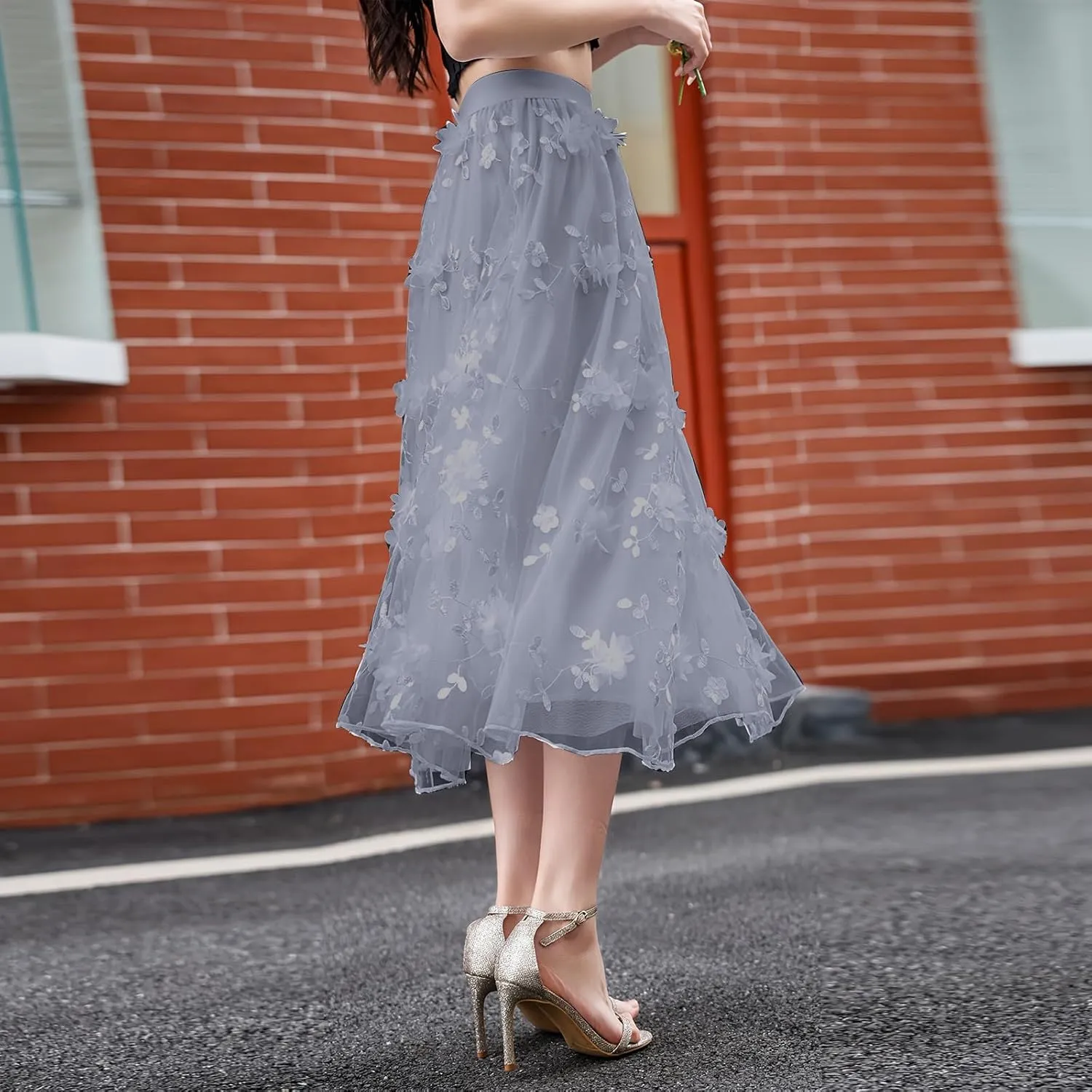Women A Line Tulle Midi Skirt Tutu Tiered Petticoat Tea-Length Elastic Waist Skirts Flower Applique Fairy Flowy Skirt