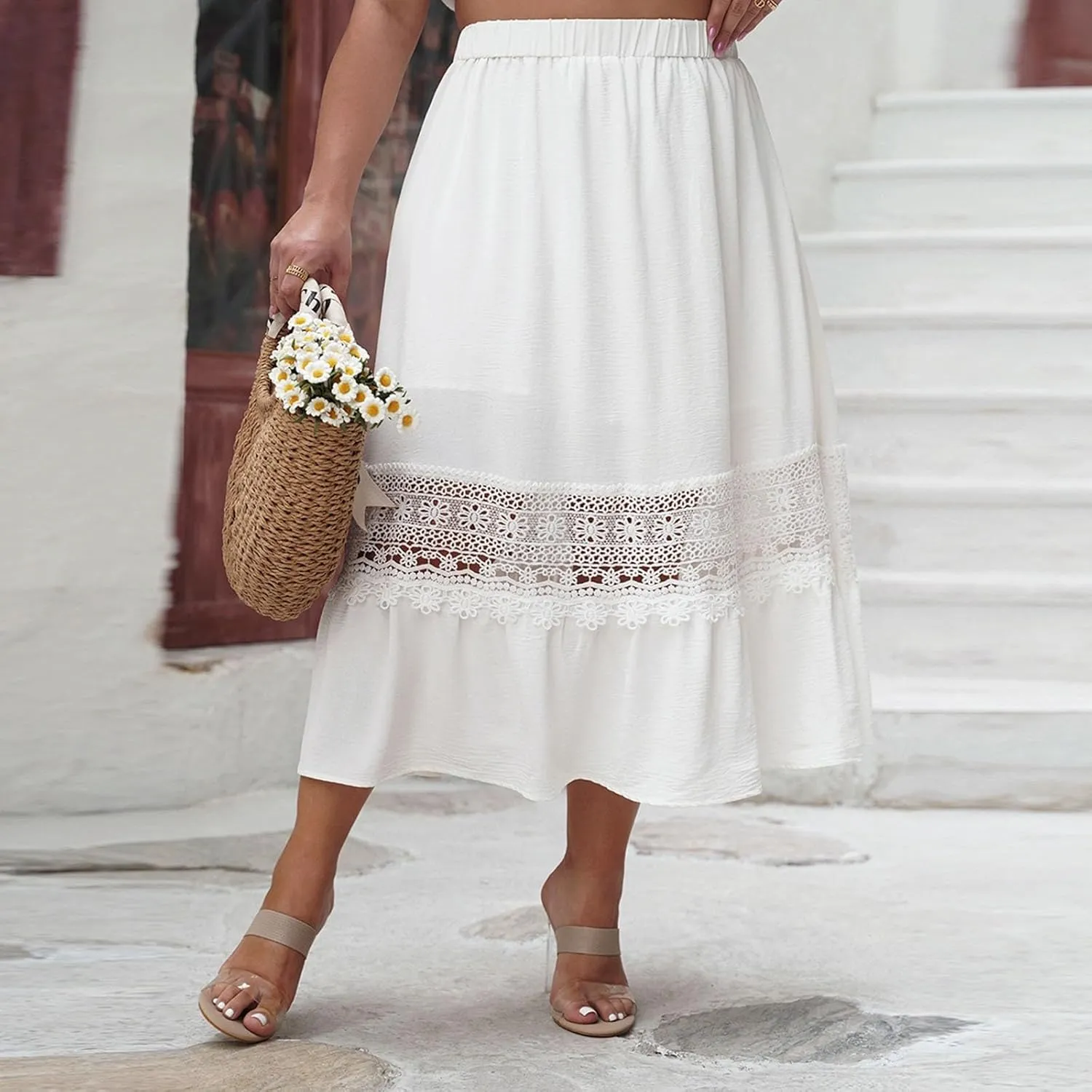 Women Boho Elastic High Waist Pleated A-line Skirt Lace Hollow Out Patchwork Plus Size Trim Tiered Midi Length Skirt