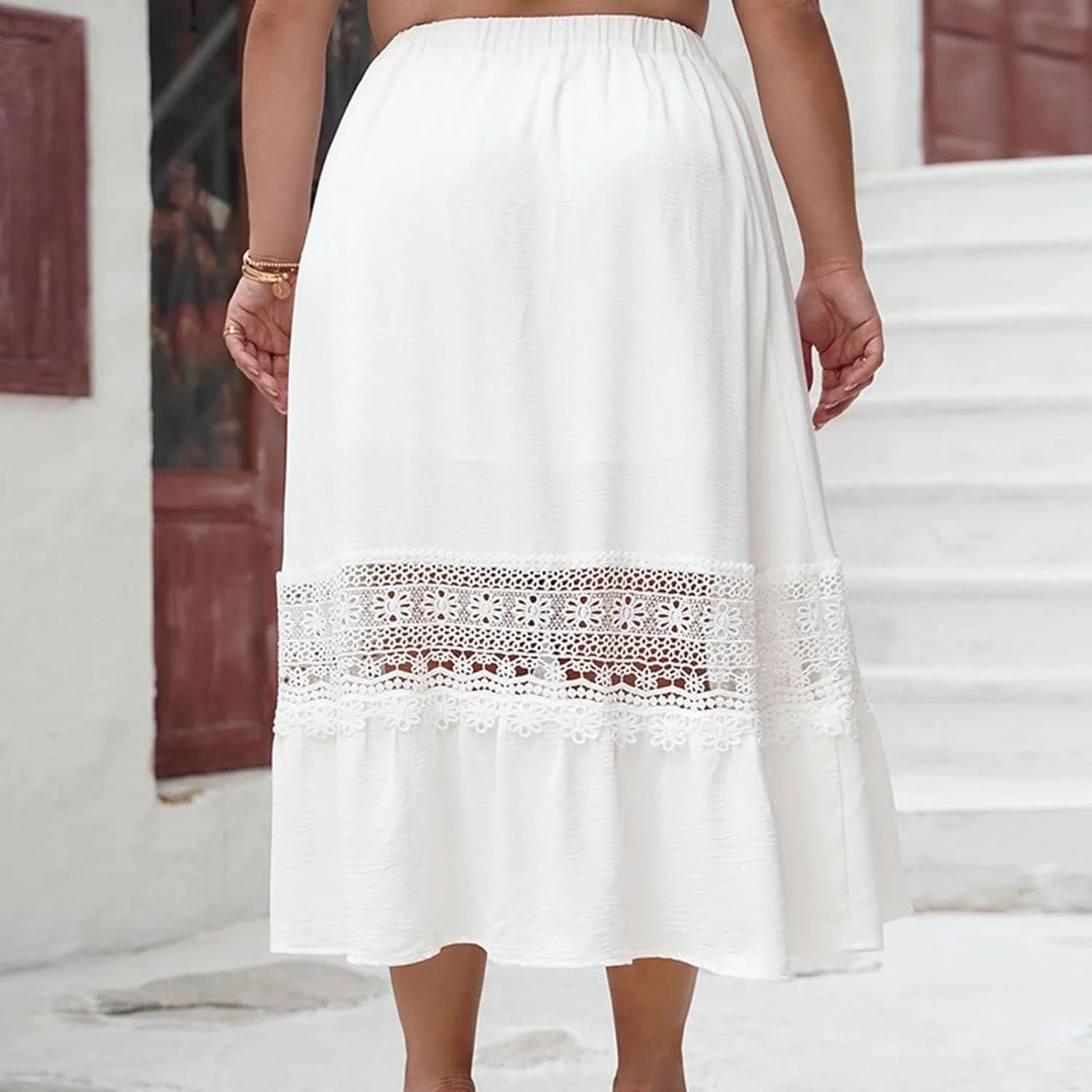 Women Boho Elastic High Waist Pleated A-line Skirt Lace Hollow Out Patchwork Plus Size Trim Tiered Midi Length Skirt