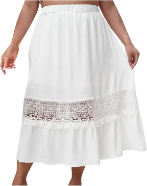Women Boho Elastic High Waist Pleated A-line Skirt Lace Hollow Out Patchwork Plus Size Trim Tiered Midi Length Skirt
