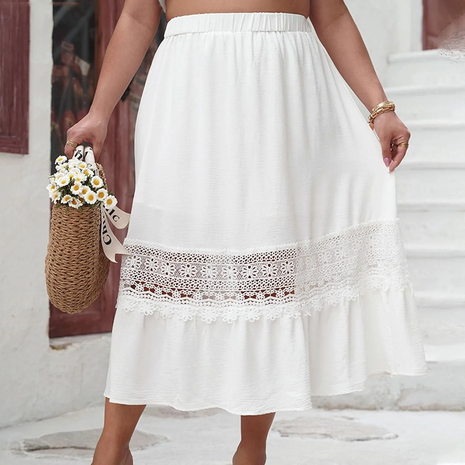 Women Boho Elastic High Waist Pleated A-line Skirt Lace Hollow Out Patchwork Plus Size Trim Tiered Midi Length Skirt