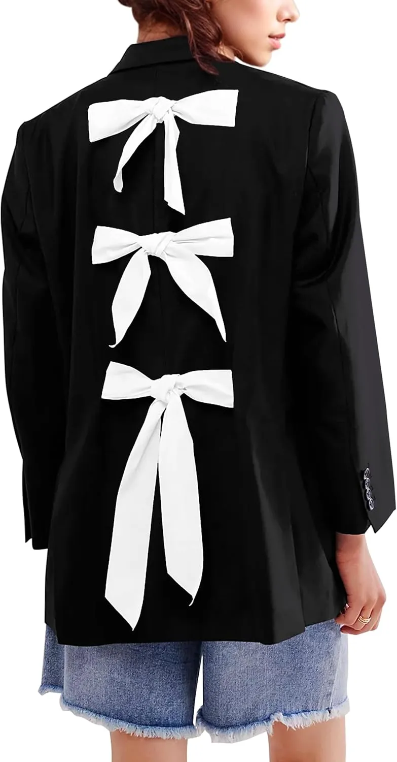 Women Casual Oversized Blazers Bow Tie Blazer Suit Lapel Open Front Office Blazer Jacket Button Down Work Cardigan