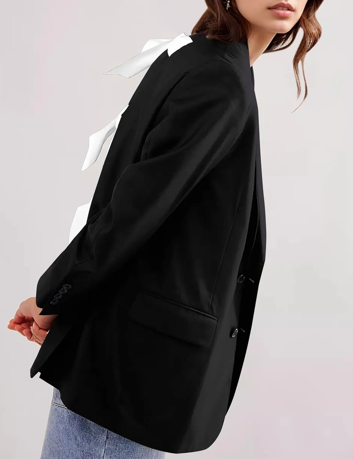 Women Casual Oversized Blazers Bow Tie Blazer Suit Lapel Open Front Office Blazer Jacket Button Down Work Cardigan