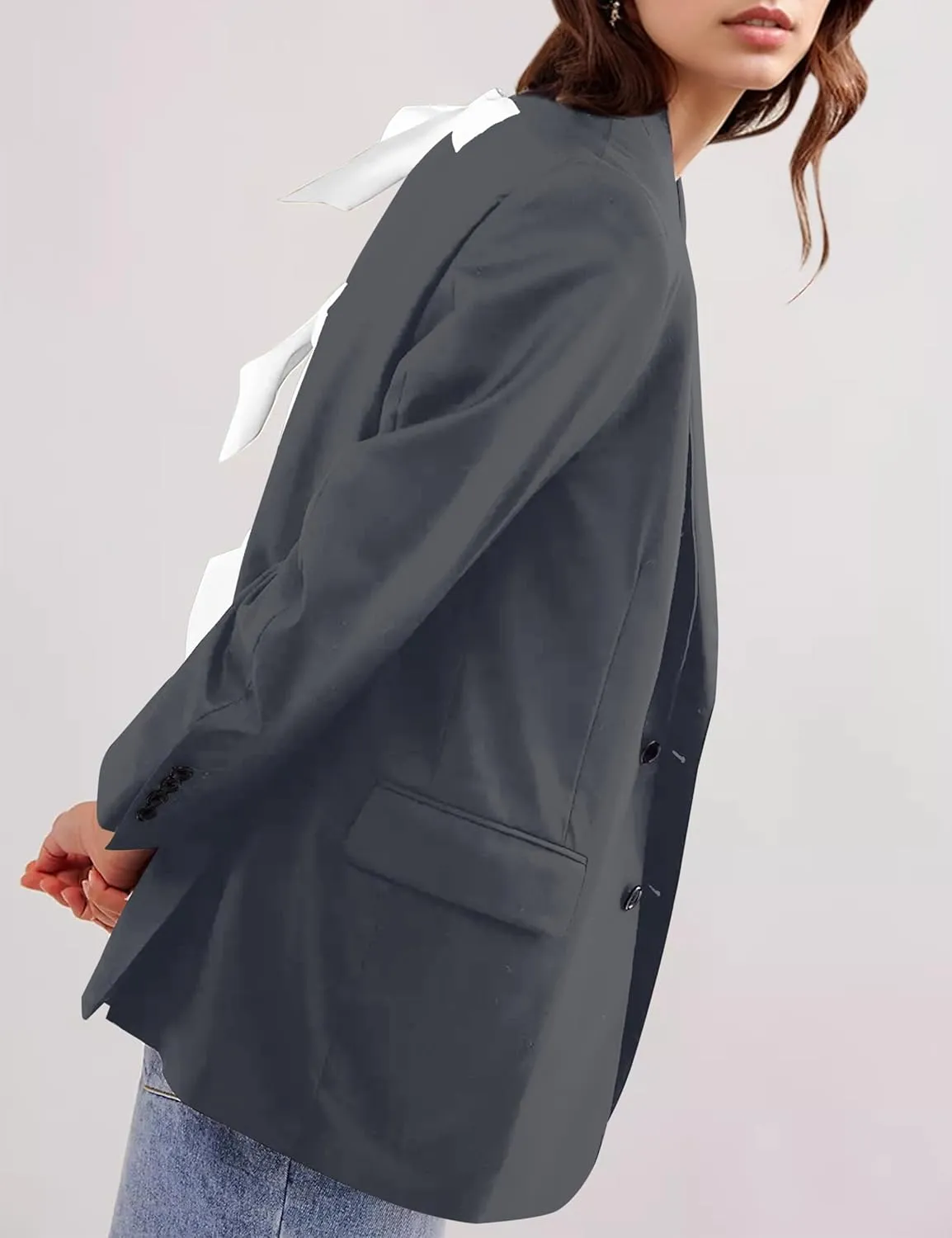 Women Casual Oversized Blazers Bow Tie Blazer Suit Lapel Open Front Office Blazer Jacket Button Down Work Cardigan