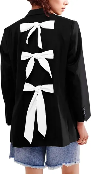 Women Casual Oversized Blazers Bow Tie Blazer Suit Lapel Open Front Office Blazer Jacket Button Down Work Cardigan