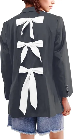 Women Casual Oversized Blazers Bow Tie Blazer Suit Lapel Open Front Office Blazer Jacket Button Down Work Cardigan