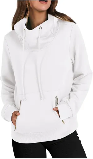 Women Cowl Neck Hoodies Fall Fleece Drawstring Sweatshirts Casual Long Sleeve Hooded Pullover Zipper Kangaroo Pocket