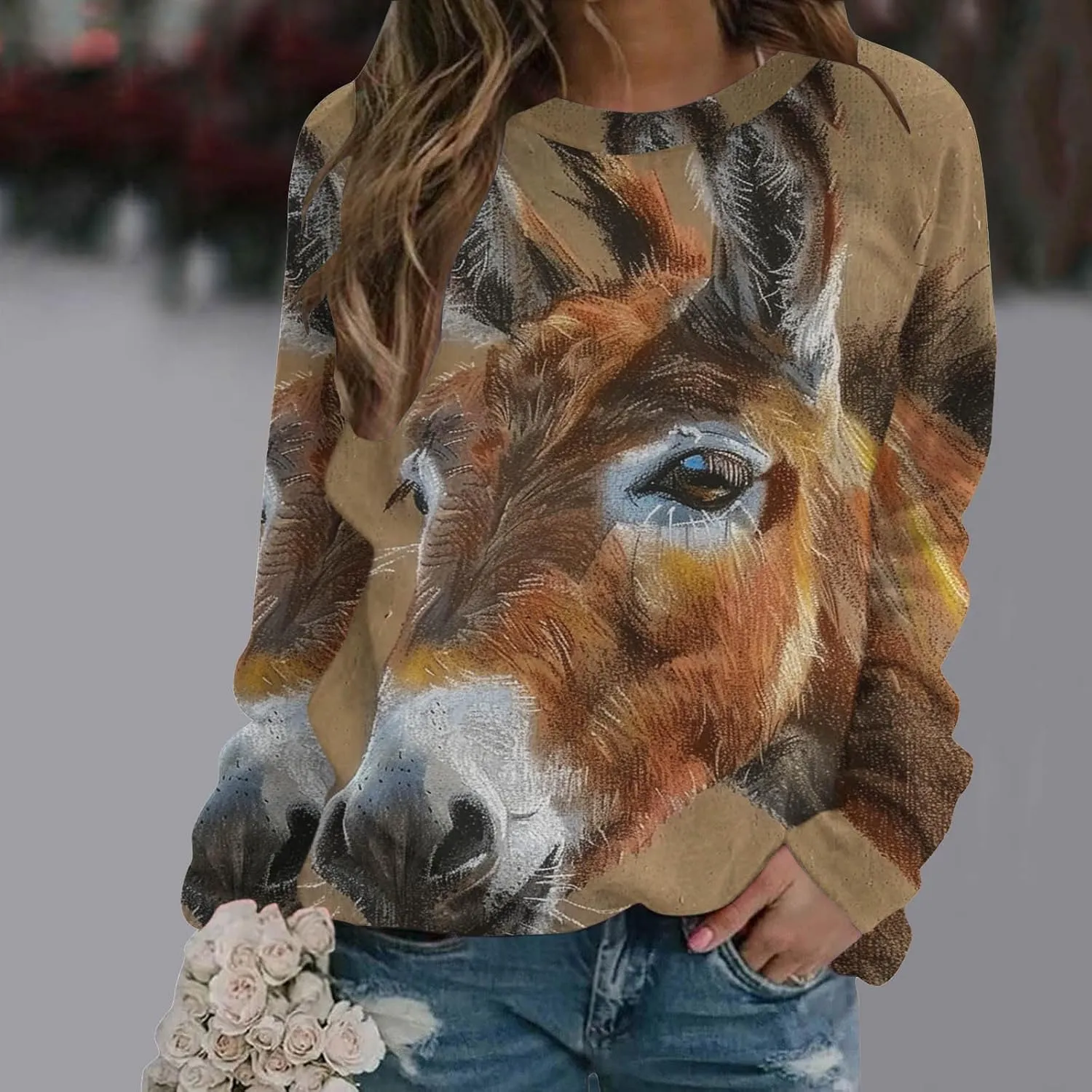 Women Cute Donkey Print Sweatshirt Oversized Crew Neck Long Sleeve Pullover Fall Winter Trendy Casual Fleece Tops