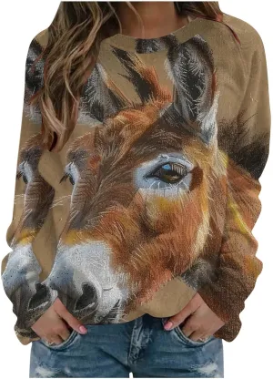 Women Cute Donkey Print Sweatshirt Oversized Crew Neck Long Sleeve Pullover Fall Winter Trendy Casual Fleece Tops