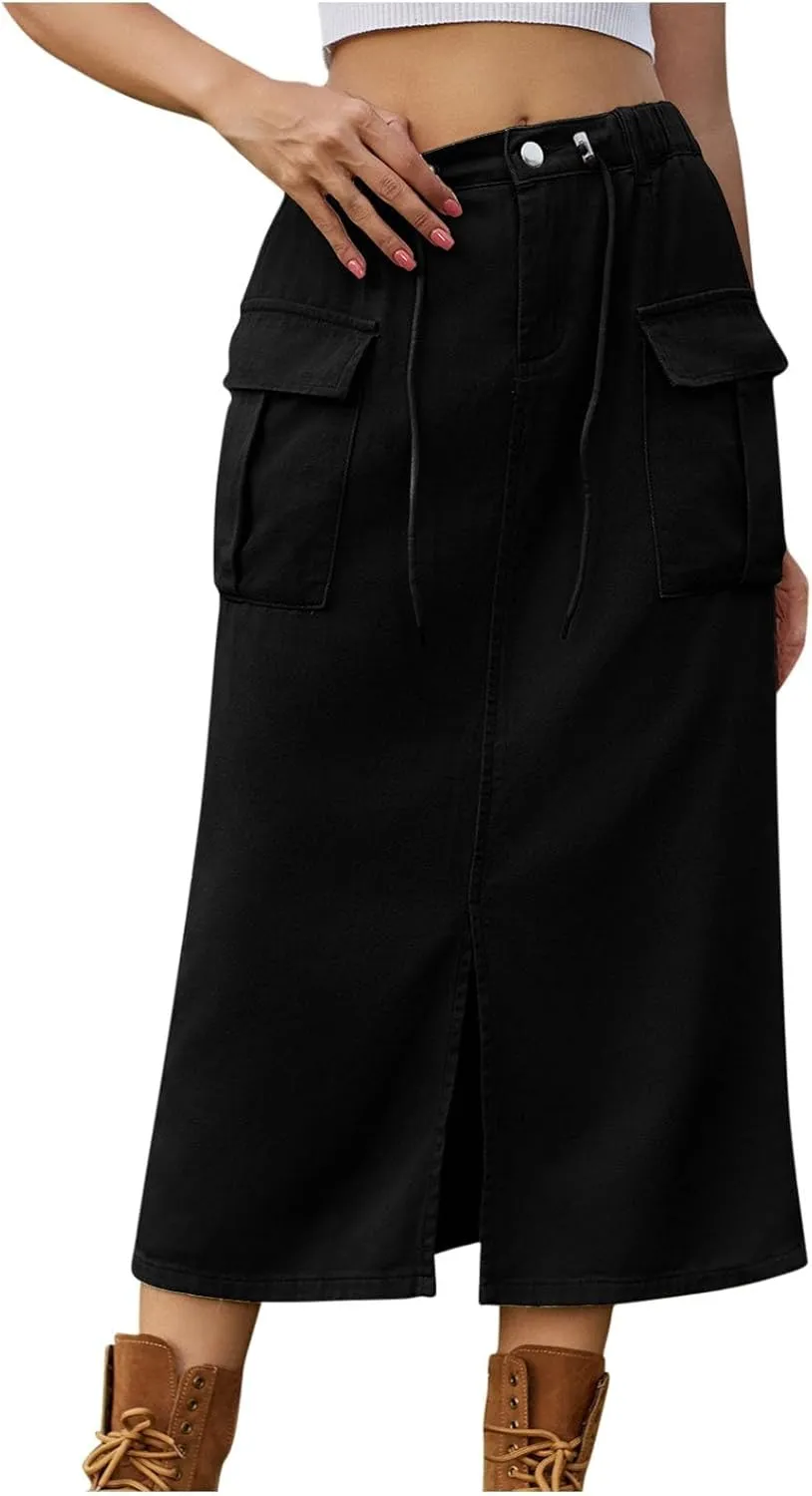 Women Denim Cargo Long Skirts High Waist Adjustable Drawstring Side Split Front Pencil Skirt Midi Length Jean Skirt