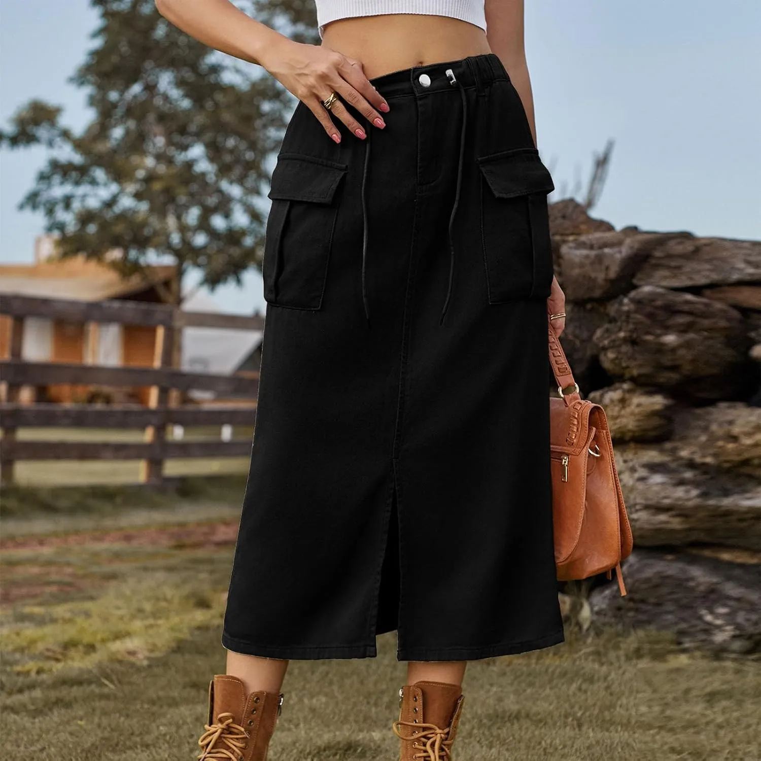 Women Denim Cargo Long Skirts High Waist Adjustable Drawstring Side Split Front Pencil Skirt Midi Length Jean Skirt