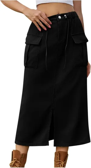 Women Denim Cargo Long Skirts High Waist Adjustable Drawstring Side Split Front Pencil Skirt Midi Length Jean Skirt