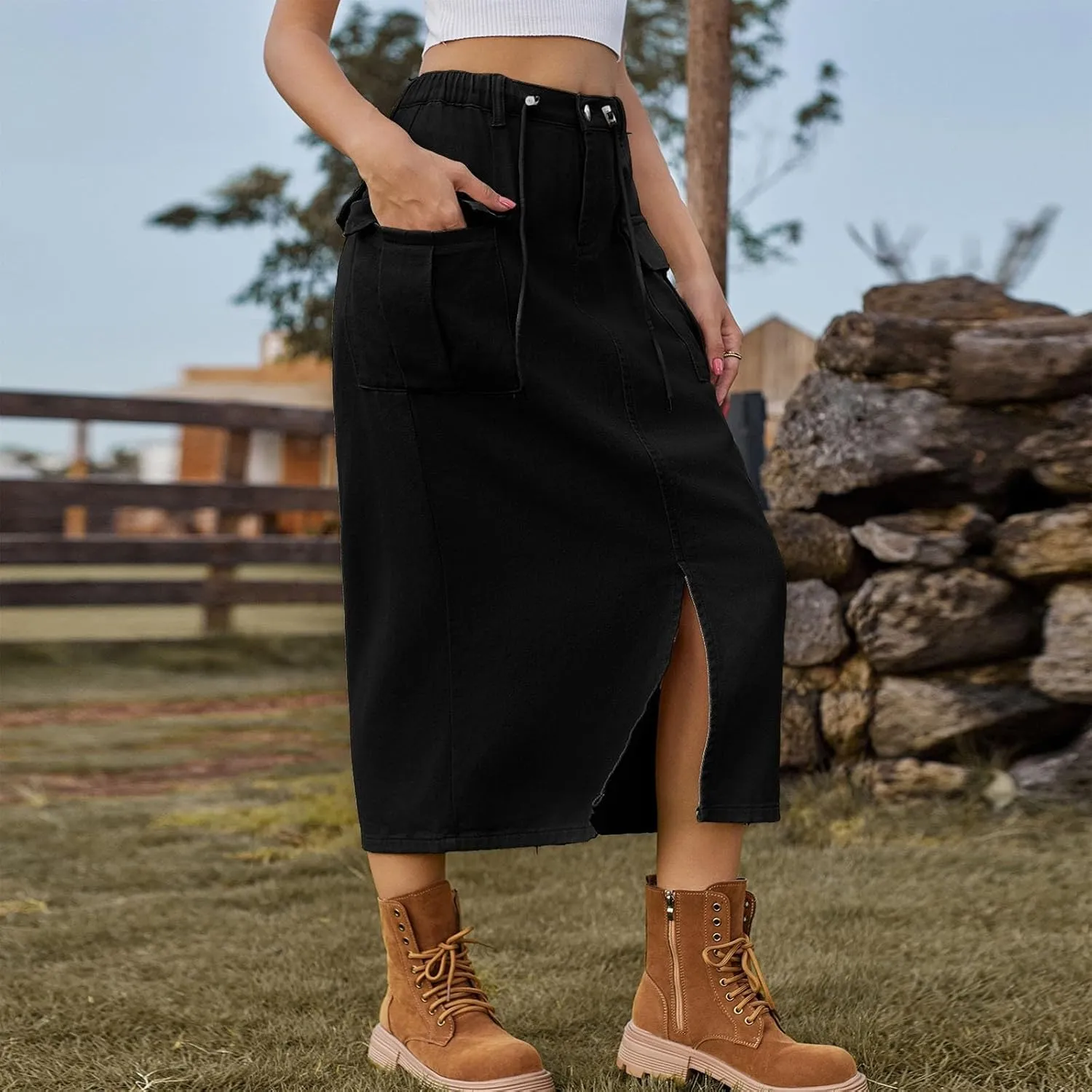 Women Denim Cargo Long Skirts High Waist Adjustable Drawstring Side Split Front Pencil Skirt Midi Length Jean Skirt