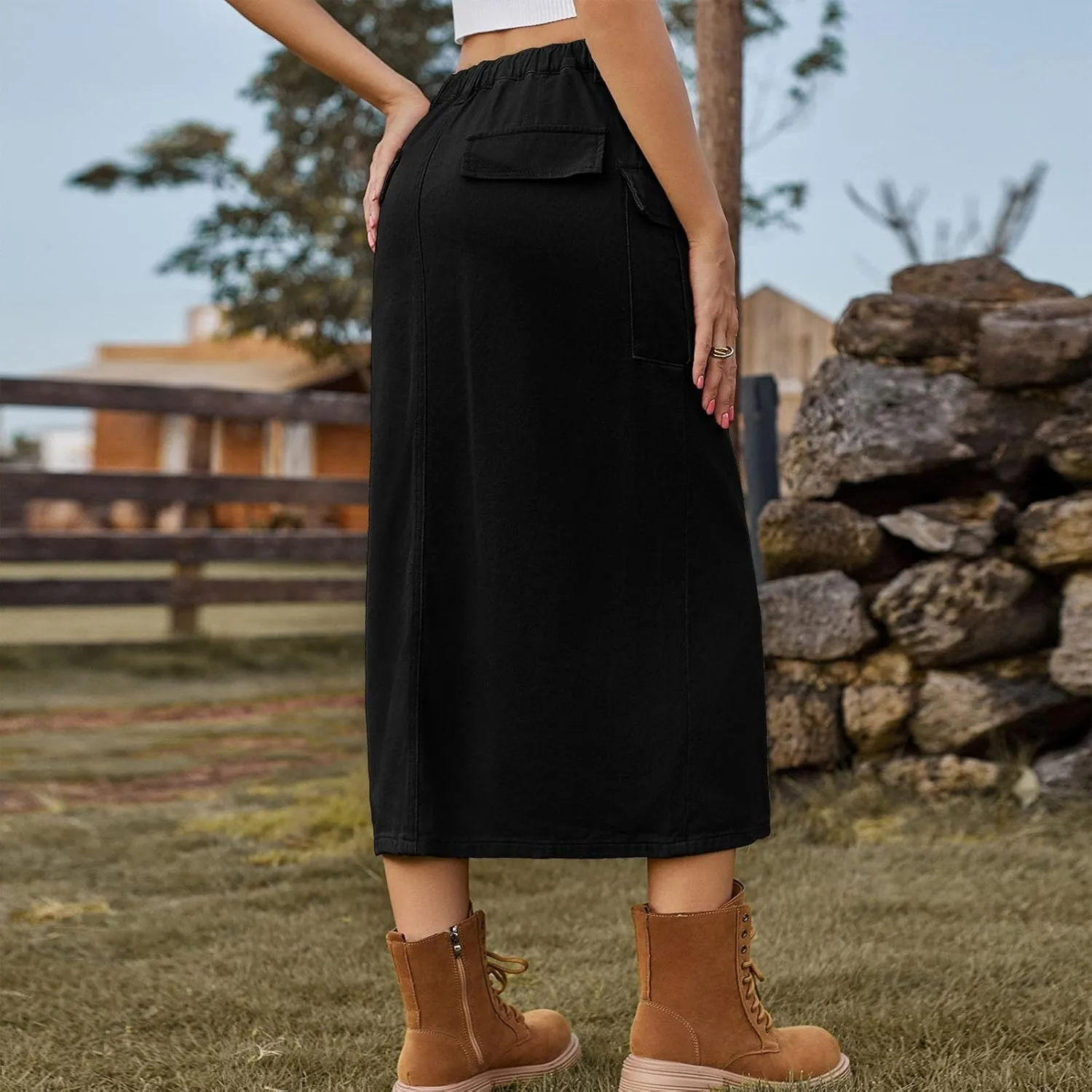 Women Denim Cargo Long Skirts High Waist Adjustable Drawstring Side Split Front Pencil Skirt Midi Length Jean Skirt