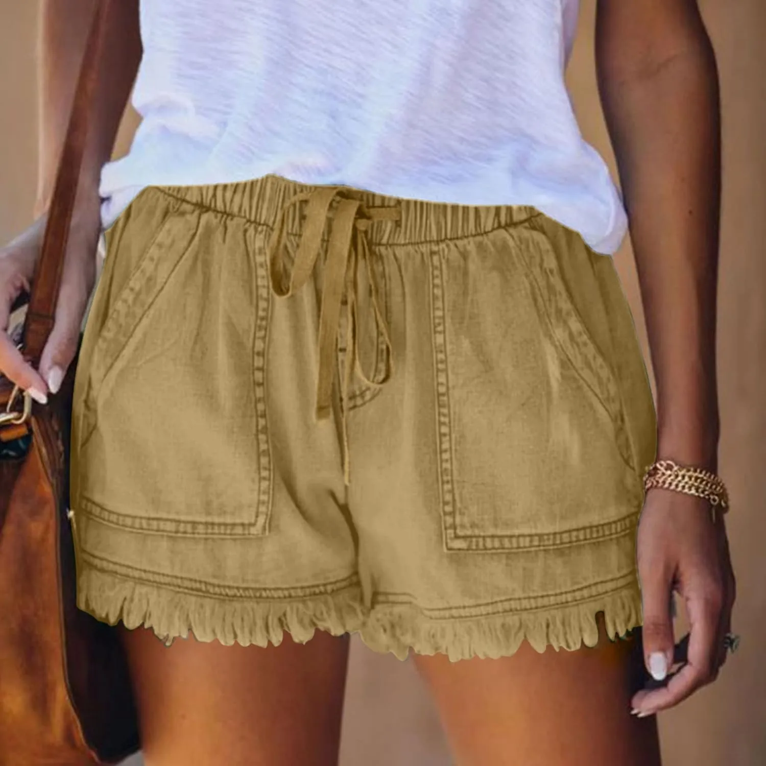 Women Denim Shorts 3 Inch Inseam Casual Summer Elastic High Waisted Jeans Frayed Raw Hem Jean Shorts with Pockets